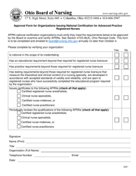 &quot;Approval Form for Organizations Issuing National Certification for Advanced Practice Registered Nurses&quot; - Ohio