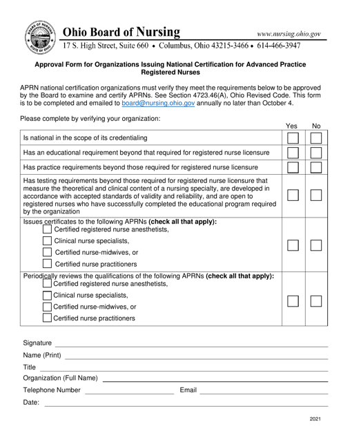 Approval Form for Organizations Issuing National Certification for Advanced Practice Registered Nurses - Ohio Download Pdf