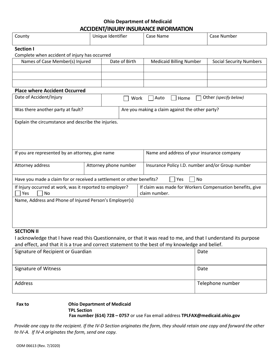 Form ODM06613 Accident / Injury Insurance Information - Ohio, Page 1