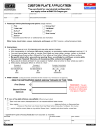 Form 735-205 &quot;Custom Plate Application&quot; - Oregon