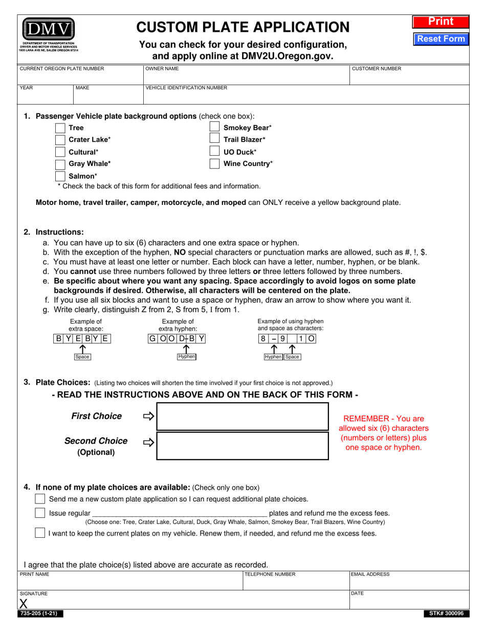 Form 735-205 Custom Plate Application - Oregon, Page 1