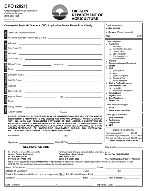 Commercial Pesticide Operator (Cpo) Application Form - Oregon Download Pdf