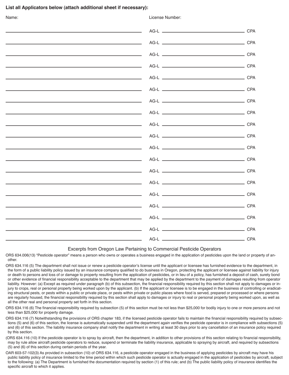 Commercial Pesticide Operator (Cpo) Application Form - Oregon, Page 2