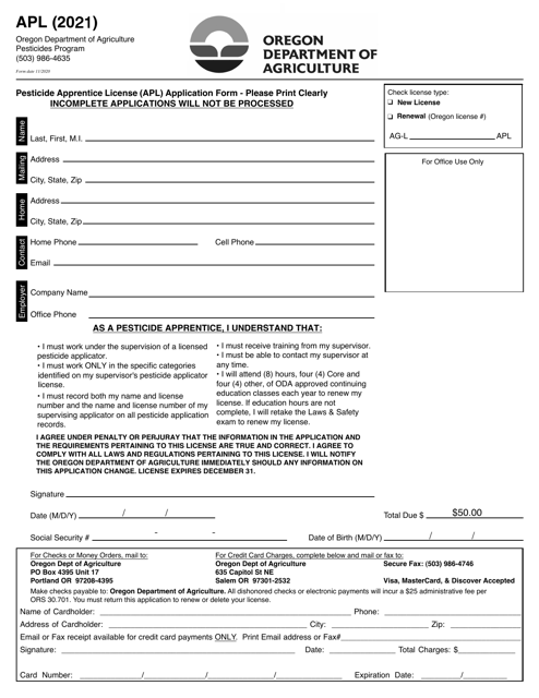 Pesticide Apprentice License (Apl) Application Form - Oregon Download Pdf