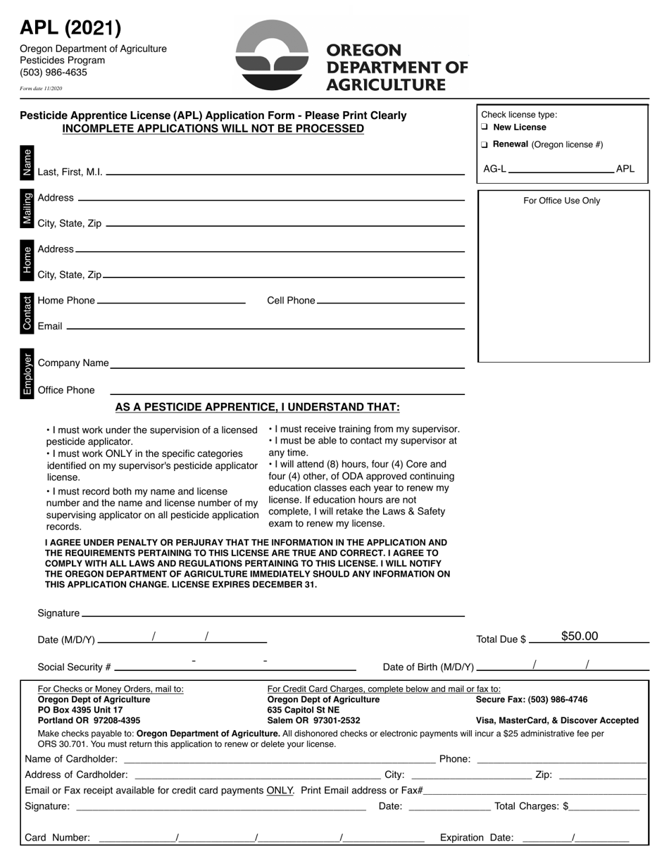 2021 Oregon Pesticide Apprentice License (Apl) Application Form