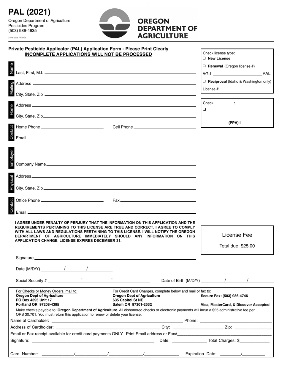 Private Pesticide Applicator (Pal) Application Form - Oregon, Page 1