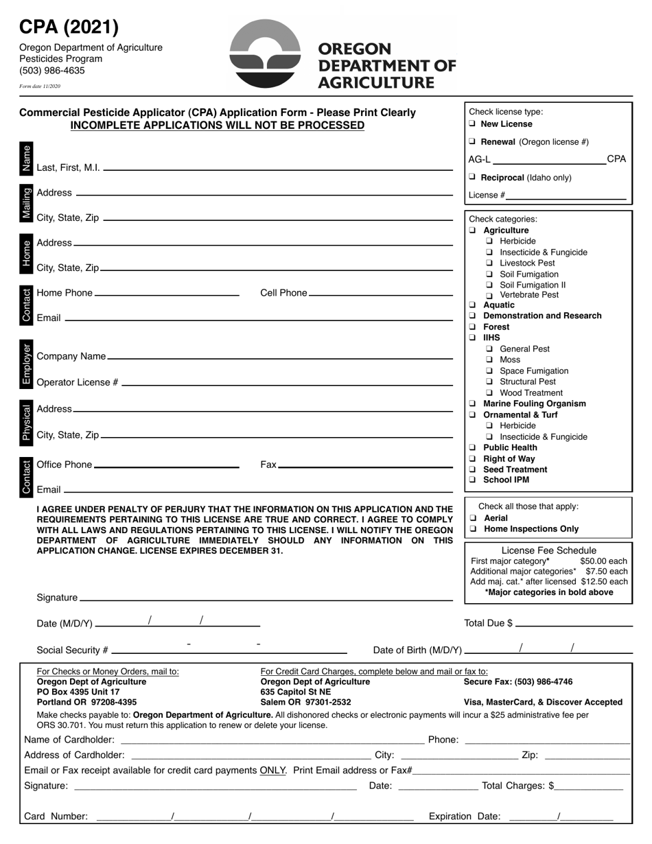 Commercial Pesticide Applicator (CPA) Application Form - Oregon, Page 1