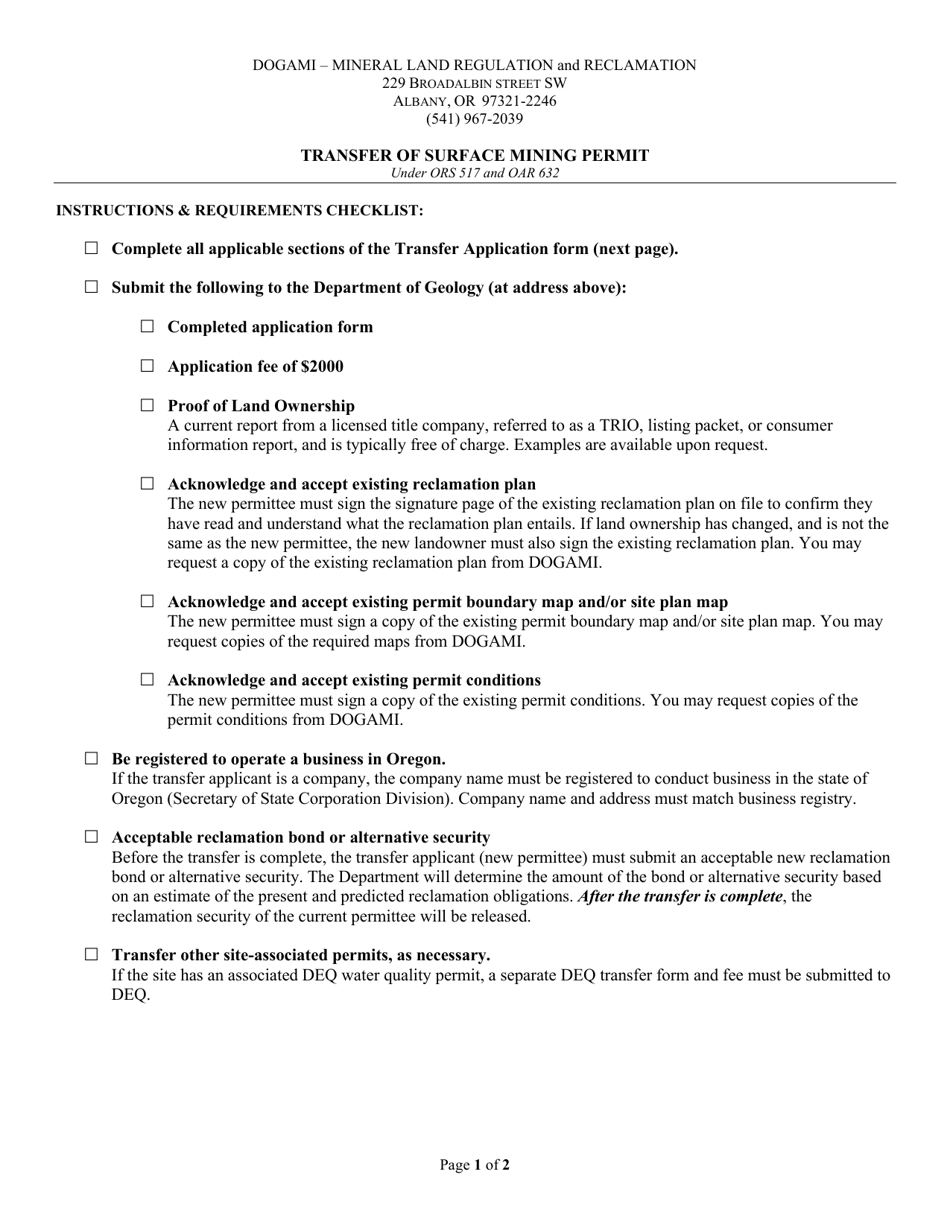 Transfer of Surface Mining Permit - Oregon, Page 1