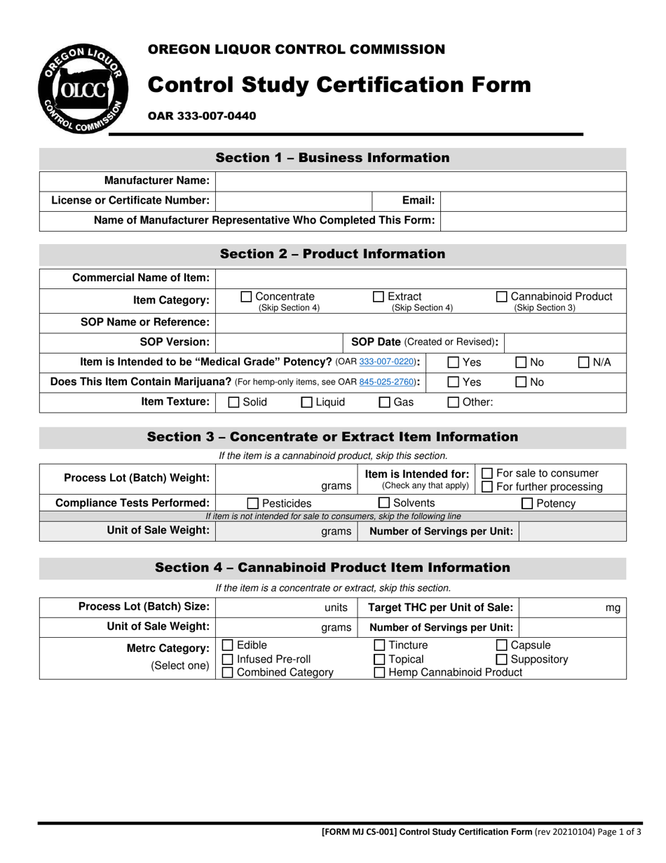 Form MJ CS-001 Control Study Certification Form - Oregon, Page 2