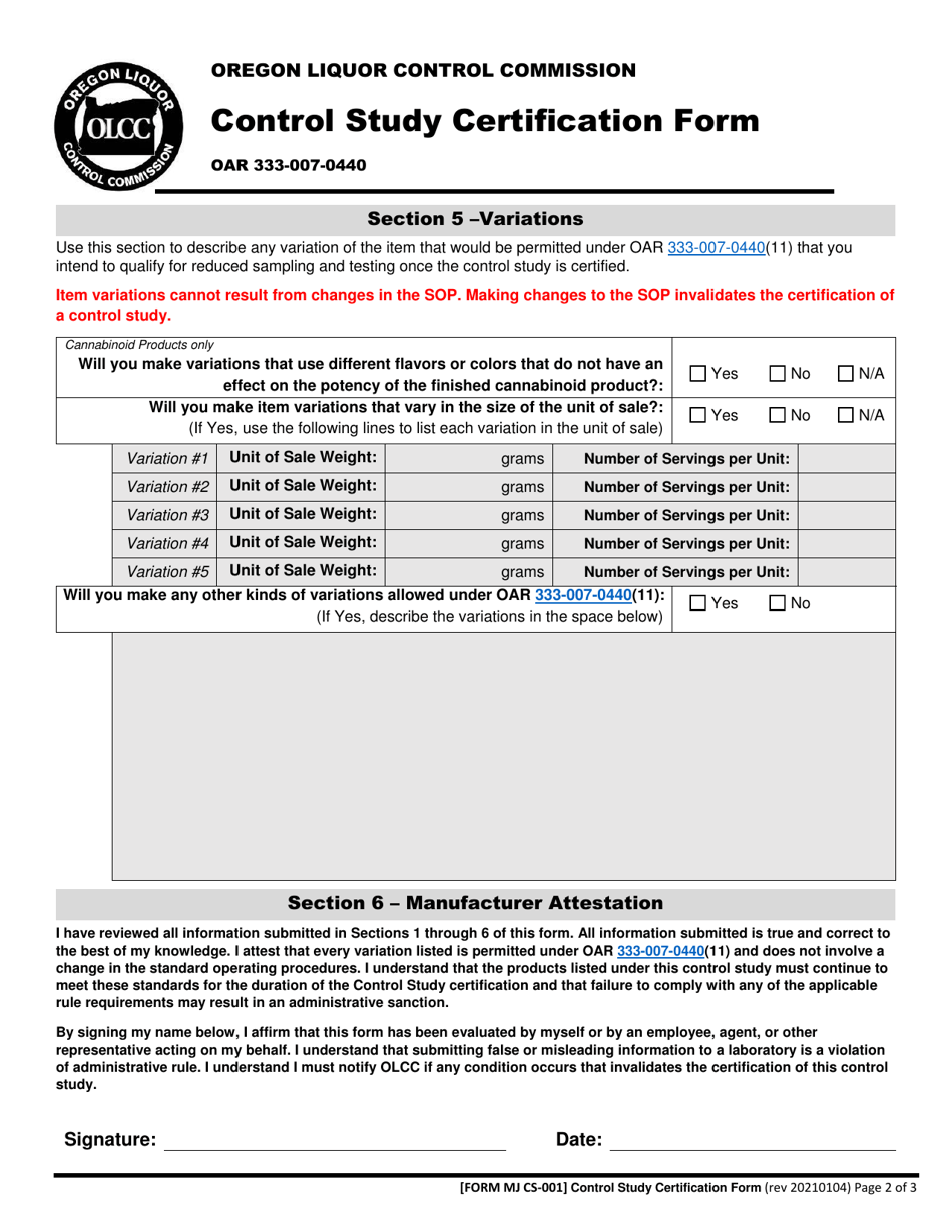 Form MJ CS-001 Control Study Certification Form - Oregon, Page 3