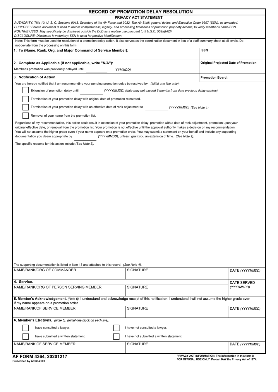 AF Form 4364 Record of Promotion Delay Resolution, Page 1