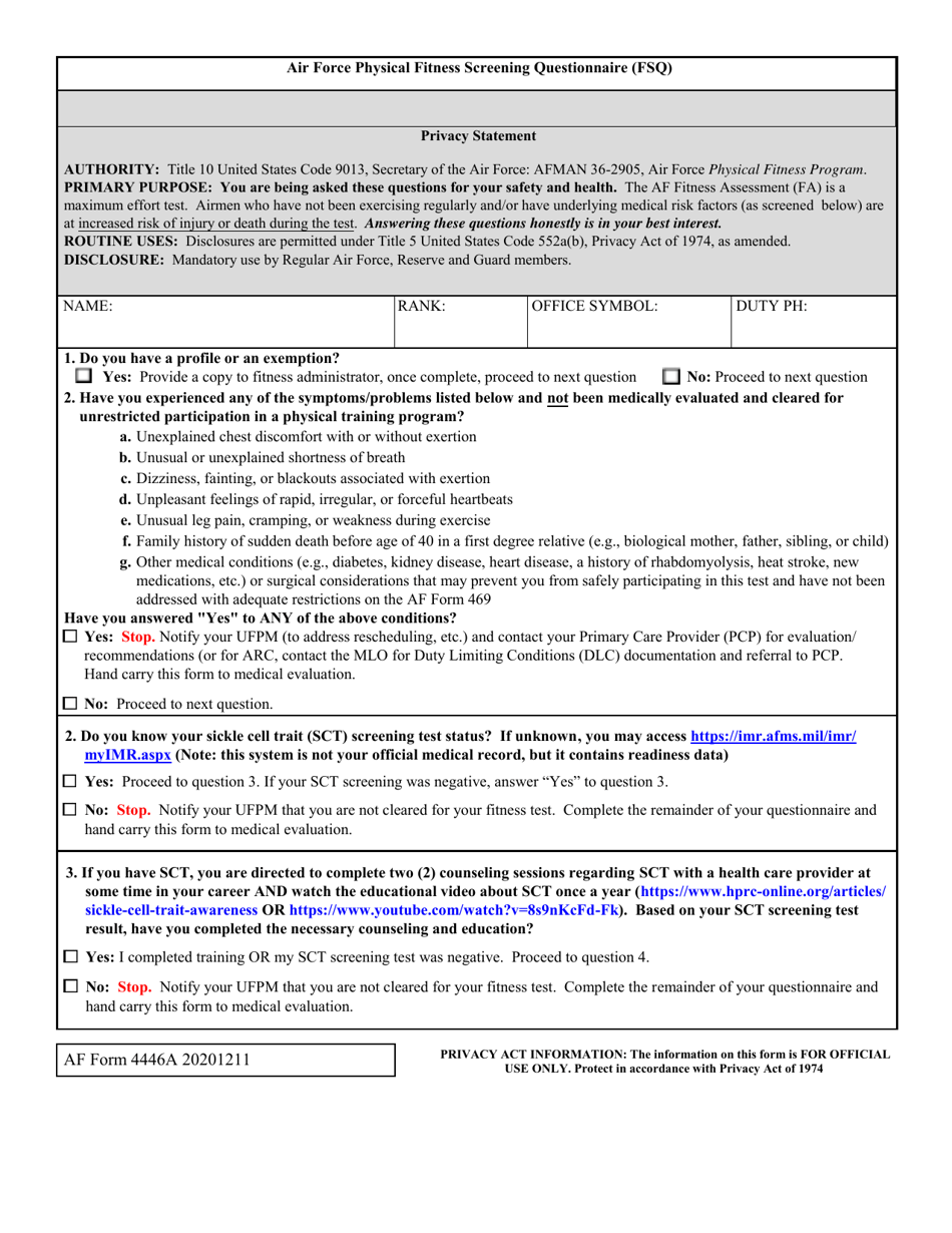 AF Form 4446A Air Force Physical Fitness Screening Questionnaire (Fsq), Page 1