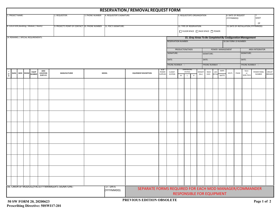 50 SW Form 20 Reservation / Removal Request Form, Page 1