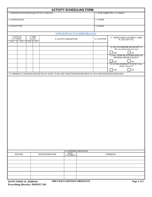 50 SW Form 21 Activity Scheduling Form