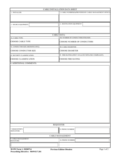 50 SW Form 1 Cable Installation Data Sheet