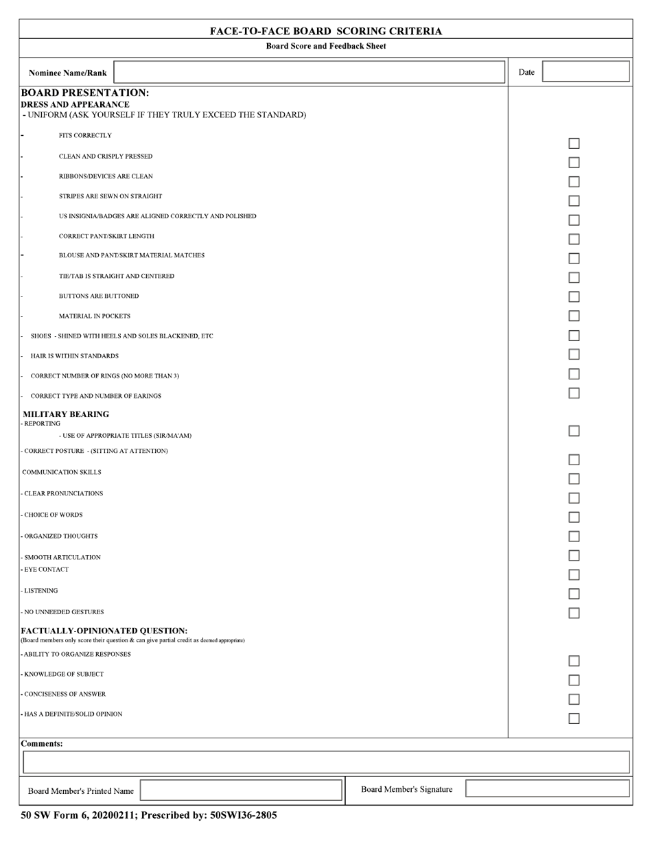 50 SW Form 6 Face-To-Face Board Scoring Criteria, Page 1