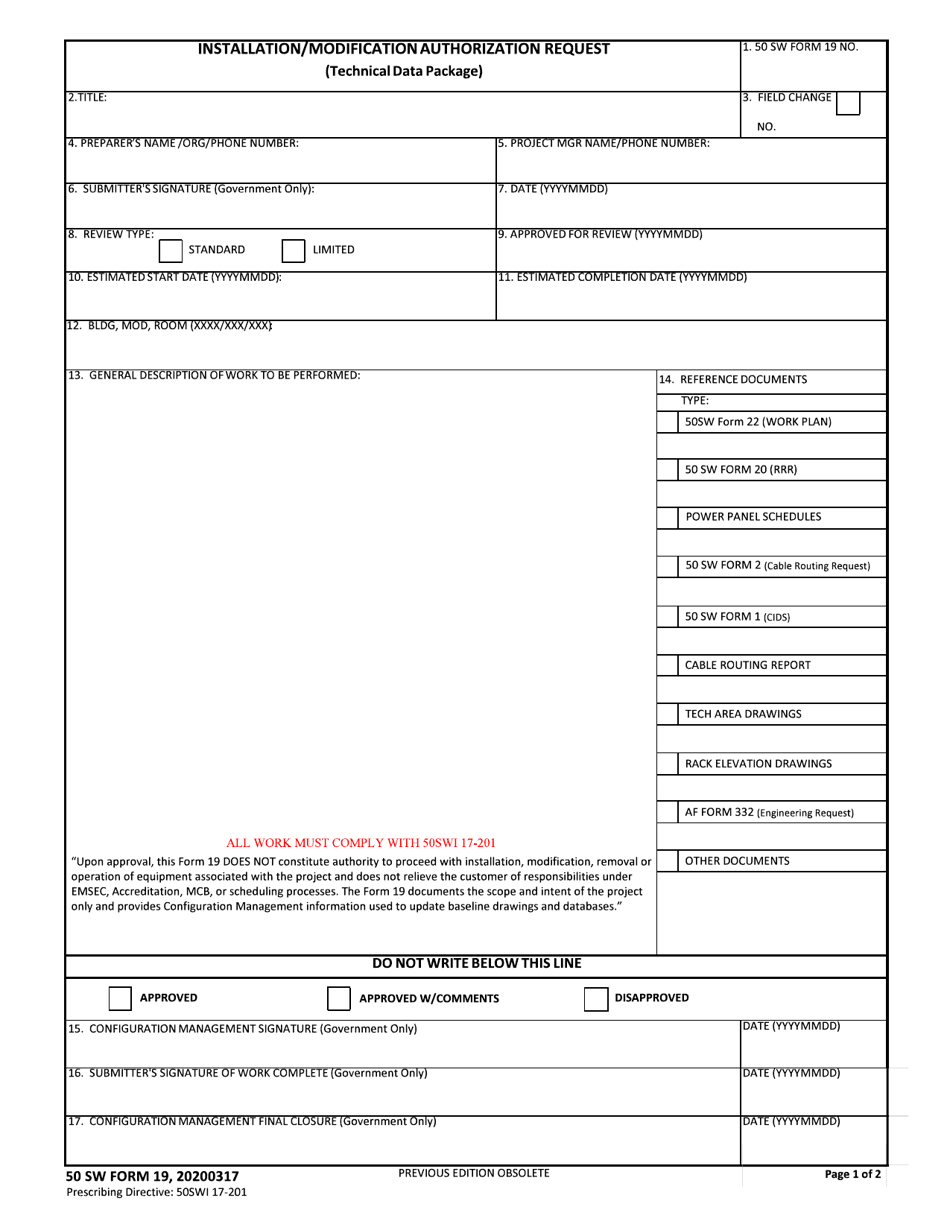 50 SW Form 19 Installation / Modification Authorization Request, Page 1