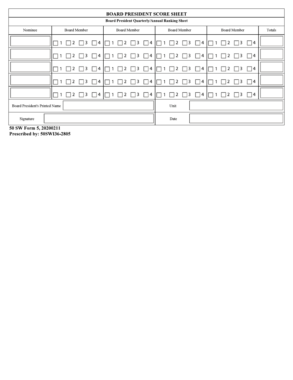 50 SW Form 5 Board President Score Sheet, Page 1