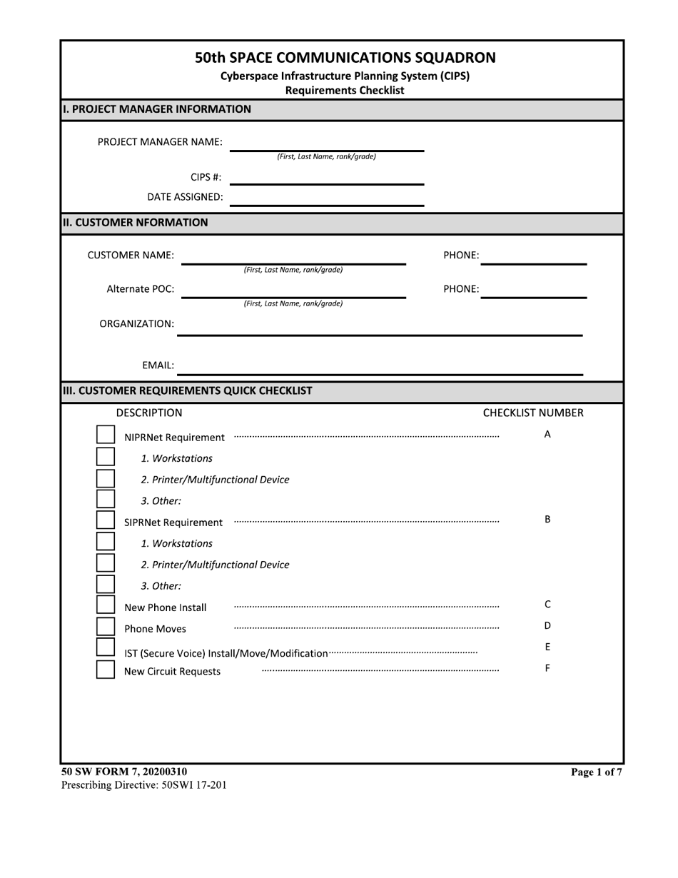 50 SW Form 7 Cyberspace Infrastructure Planning System (Cips) Requirements Checklist, Page 1