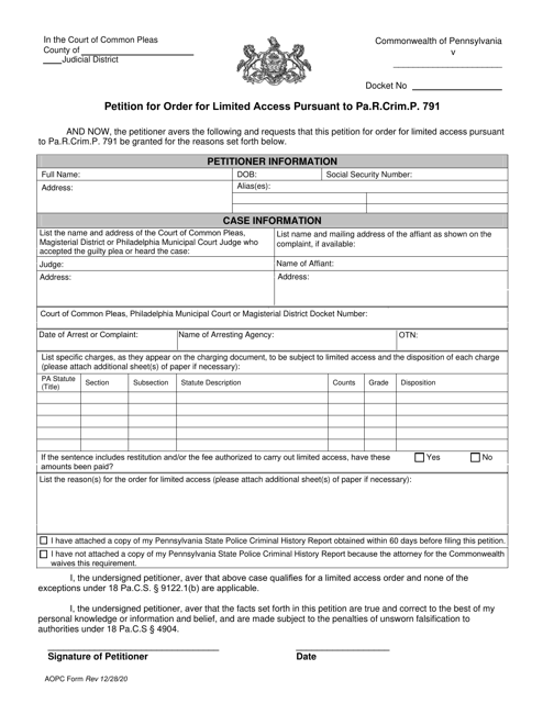 Petition for Order for Limited Access Pursuant to Pa.r.crim.p. 791 - Pennsylvania Download Pdf