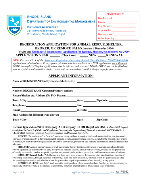 Registration Application for Animal Rescue, Shelter, Broker, or Remote Sales - Rhode Island Download Pdf