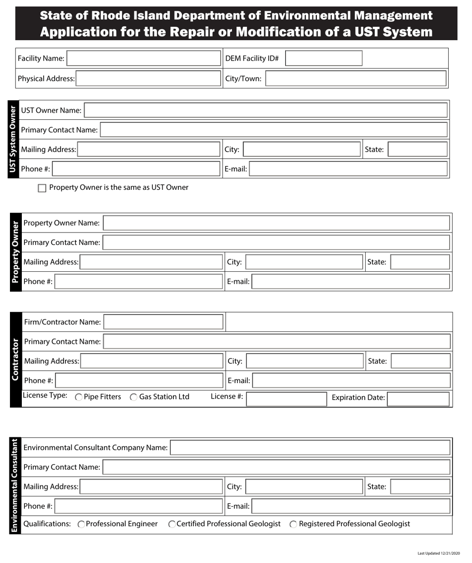 Application for the Repair or Modification of a Ust System - Rhode Island, Page 2
