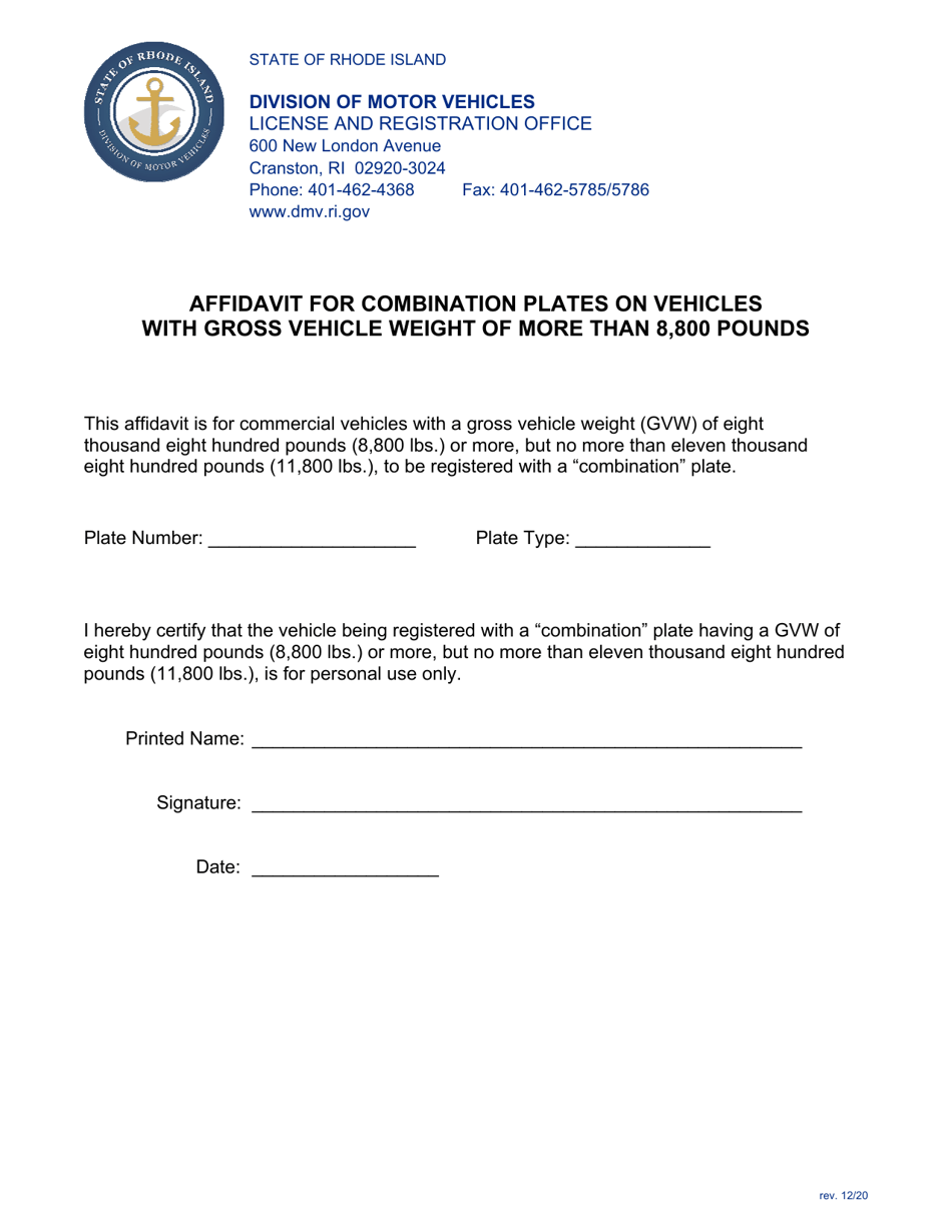 Affidavit for Combination Plates on Vehicles With Gross Vehicle Weight of More Than 8,800 Pounds - Rhode Island, Page 1