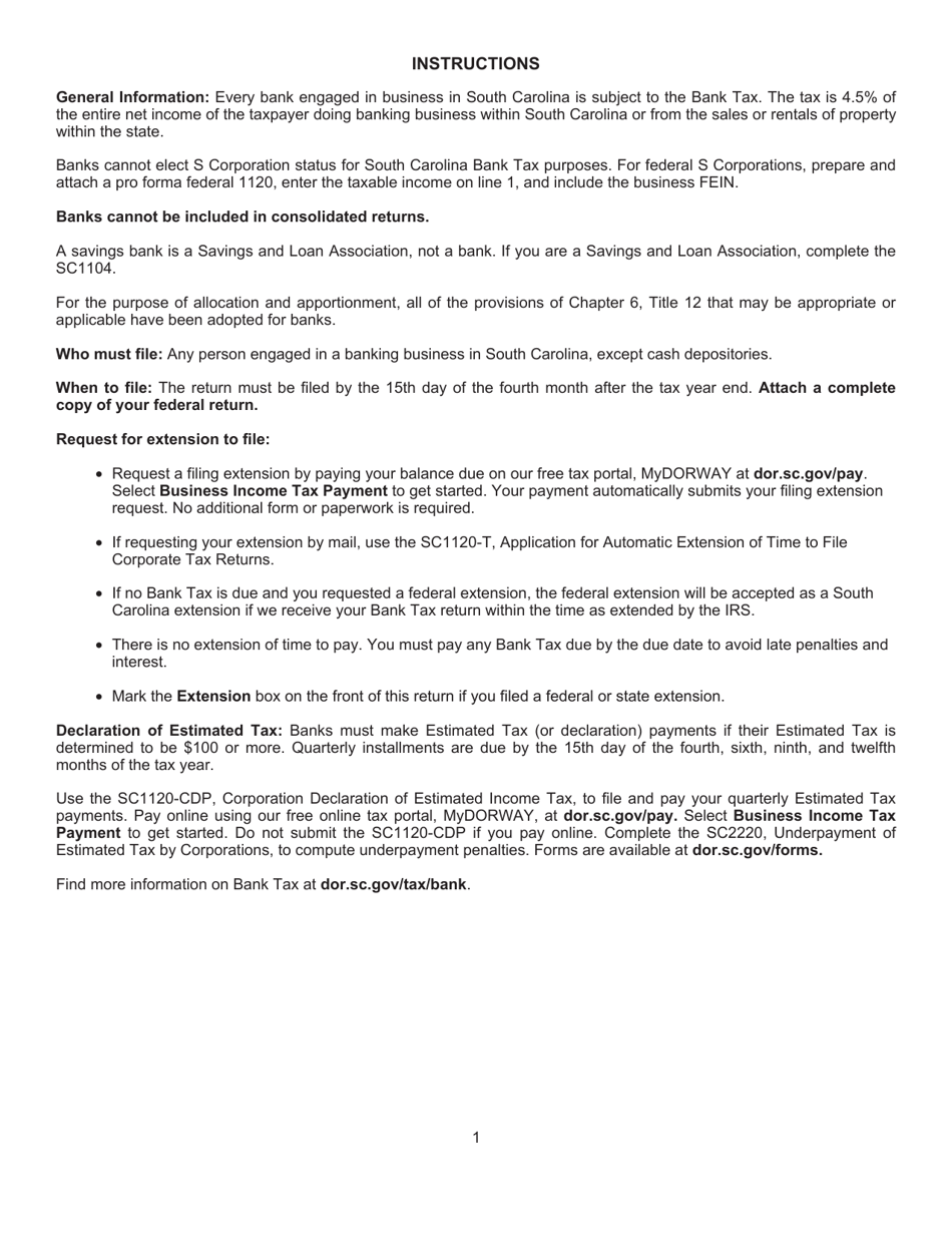 Form SC1101 B Bank Tax Return - South Carolina, Page 4