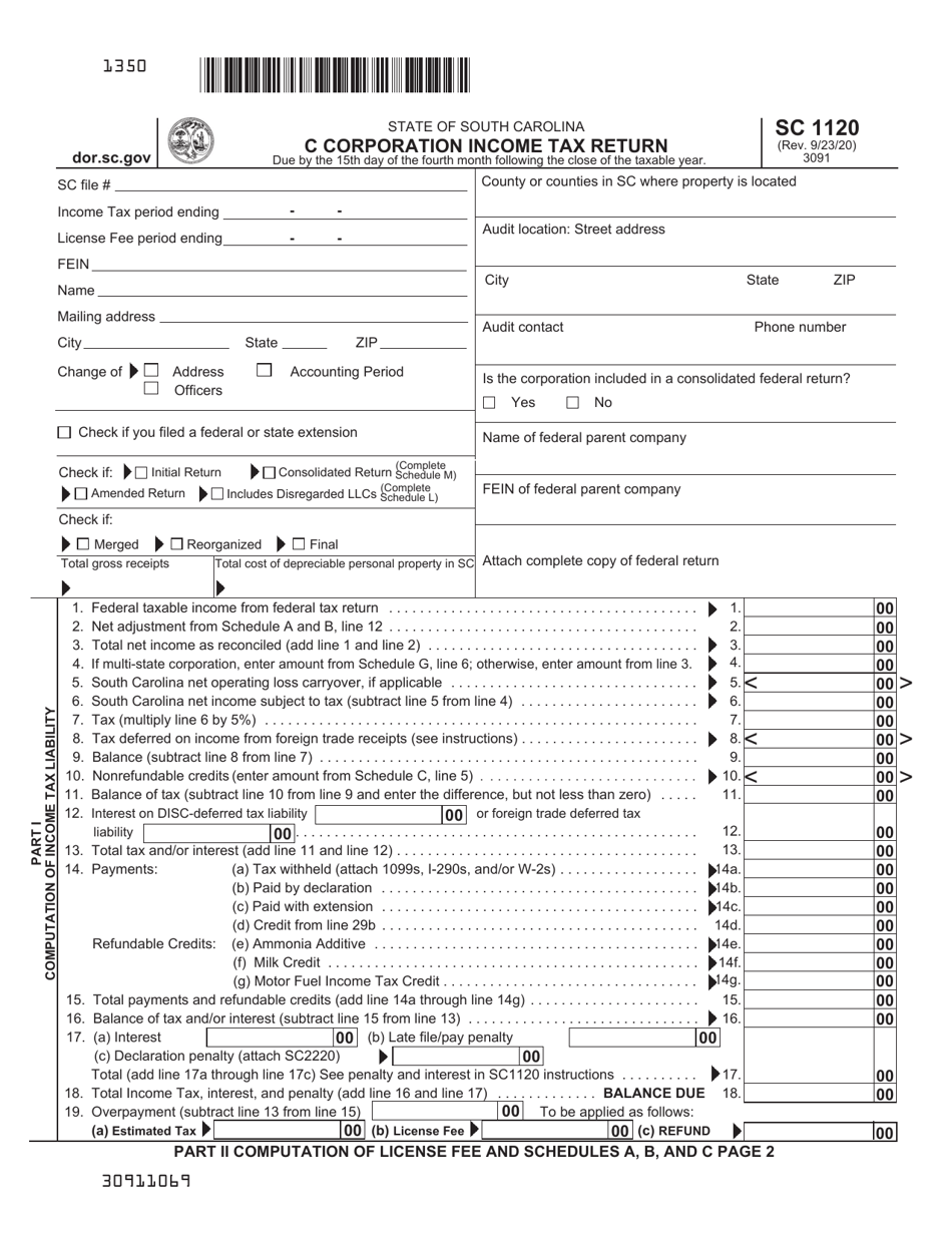 Form SC1120 C Corporation Income Tax Return - South Carolina, Page 1
