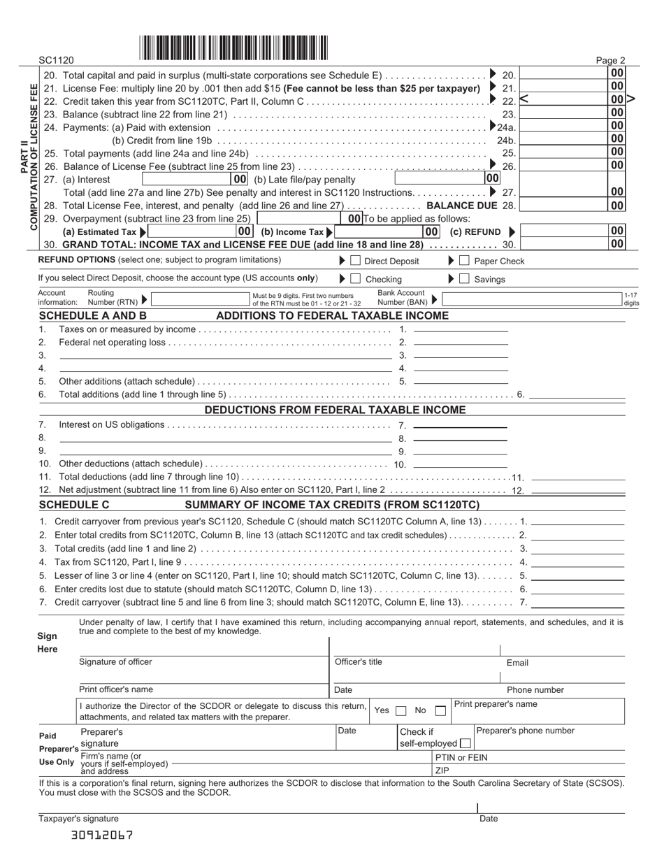 Form SC1120 C Corporation Income Tax Return - South Carolina, Page 2