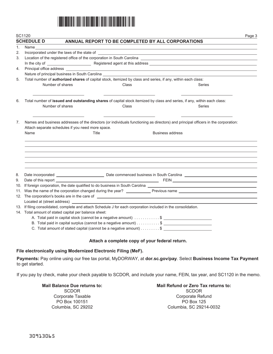 Form SC1120 C Corporation Income Tax Return - South Carolina, Page 3