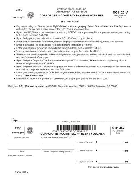 Form SC1120-V Corporate Income Tax Payment Voucher - South Carolina