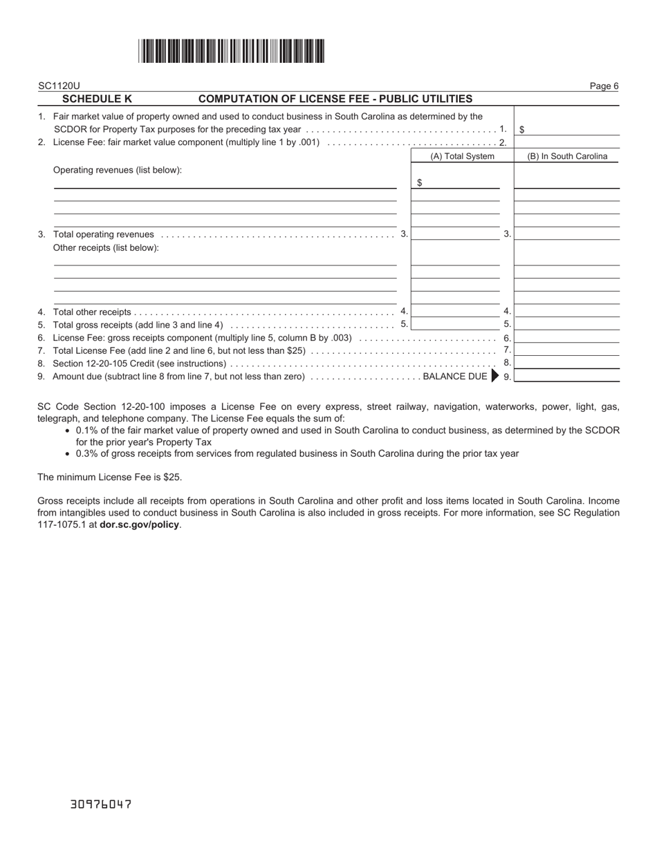 Form SC1120U Public Utility Tax Return - South Carolina, Page 6