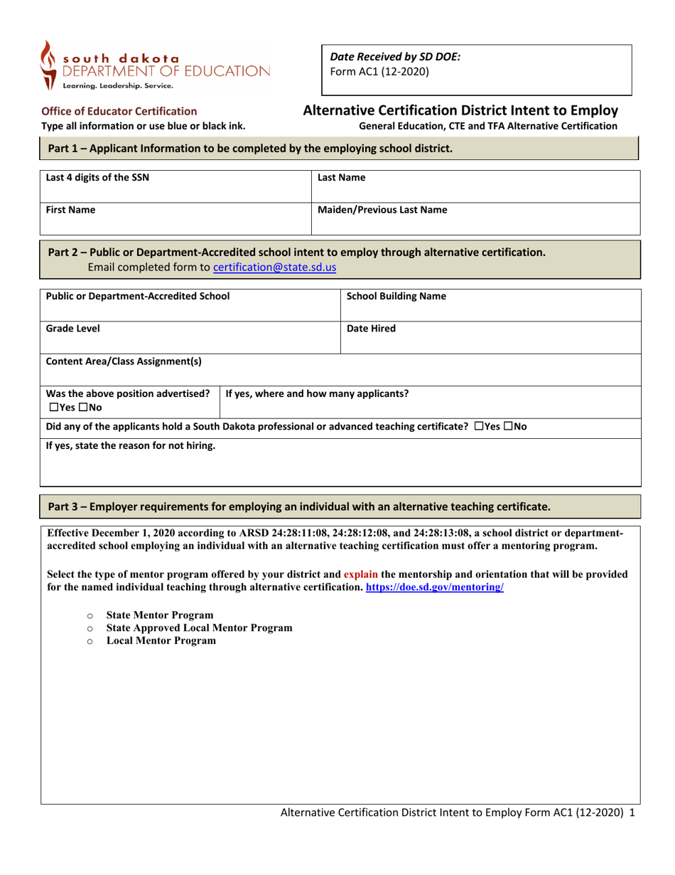 Form AC1 Download Fillable PDF or Fill Online Alternative Certification ...