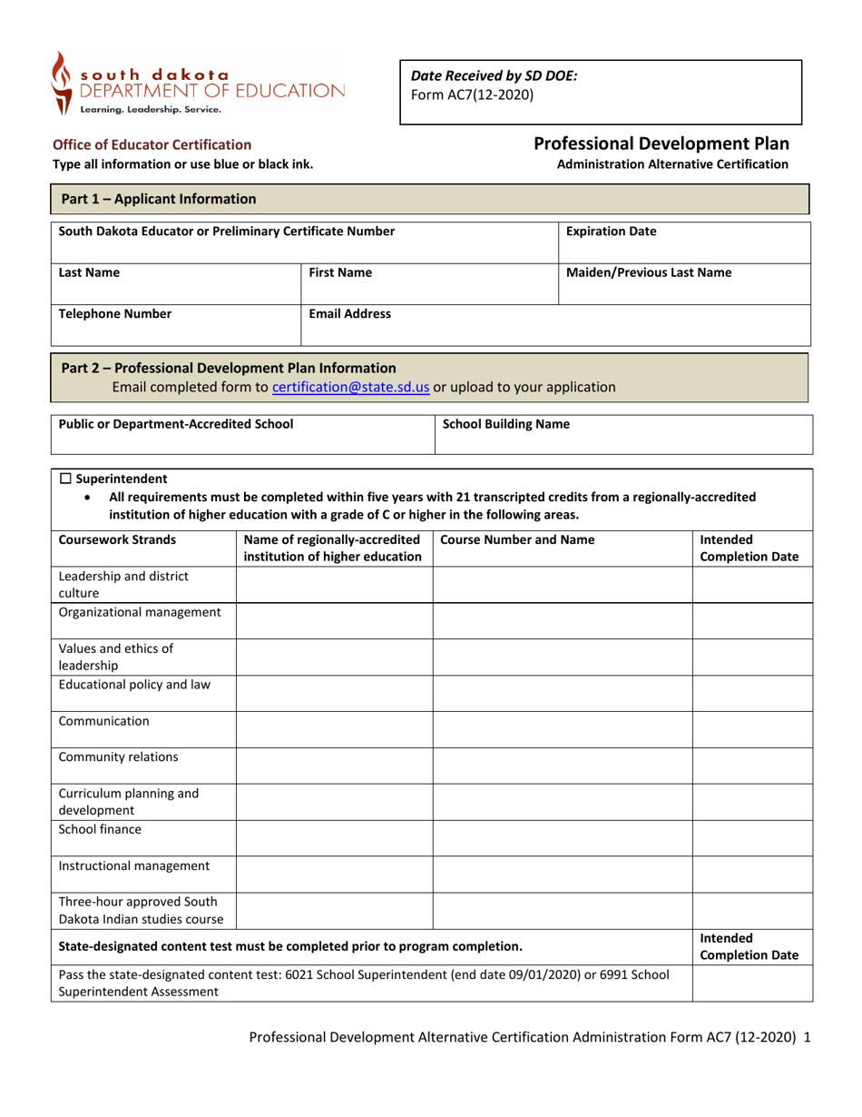 Form AC7 Professional Development Plan - South Dakota, Page 1