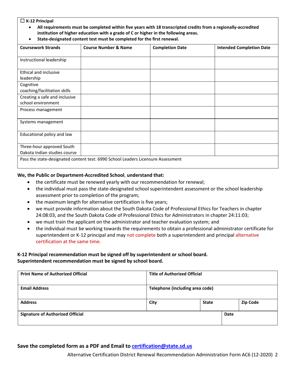 Form AC6 District Renewal Recommendation Administration - South Dakota, Page 2