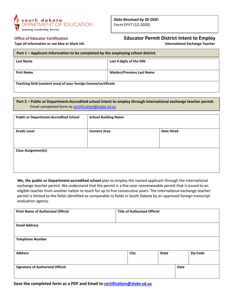 Form EPV7 Educator Permit District Intent to Employ - International Exchange Teacher - South Dakota, Page 1