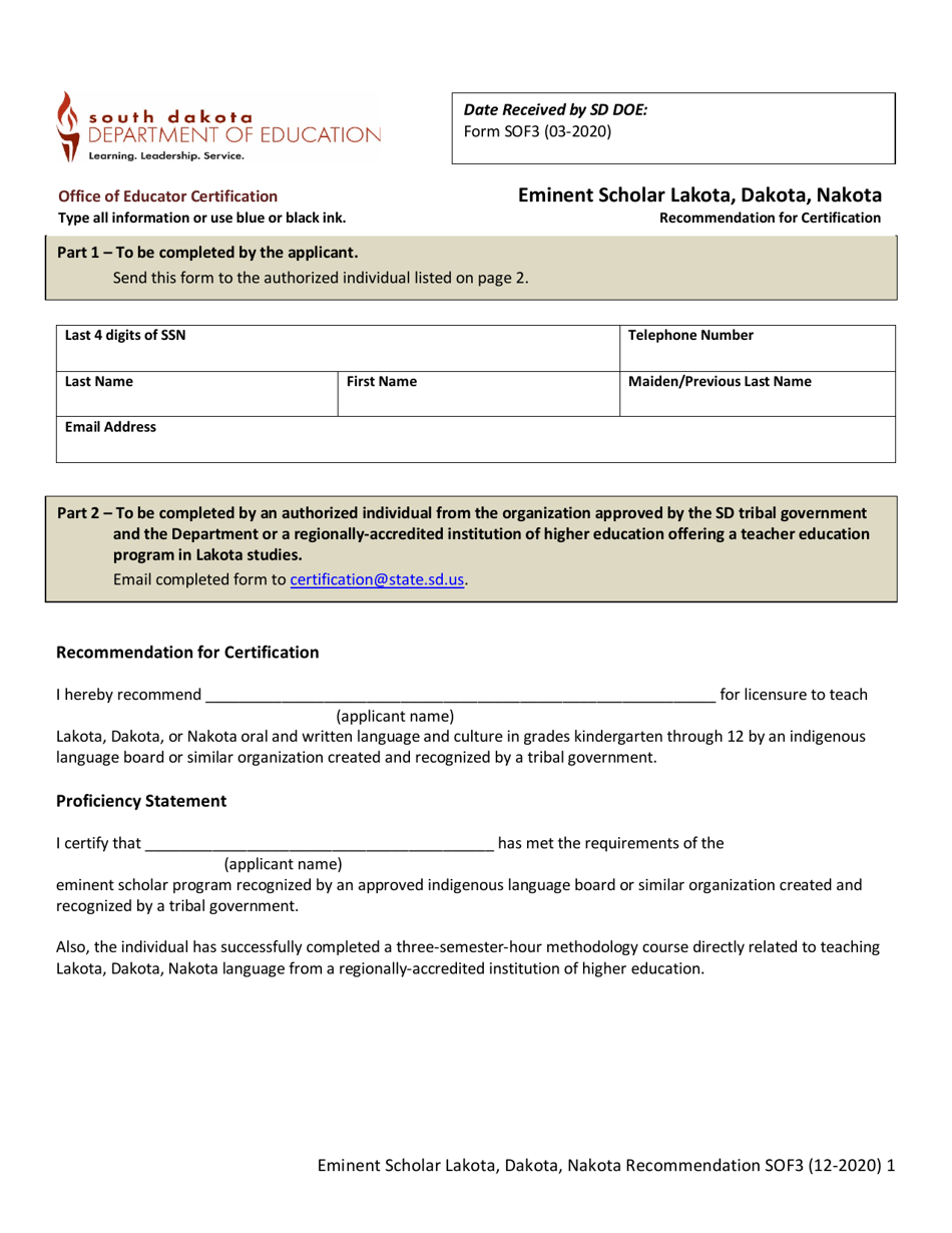 Form SOF3 Eminent Scholar Lakota, Dakota, Nakota Language and Culture Recommendation for Certification - South Dakota, Page 1
