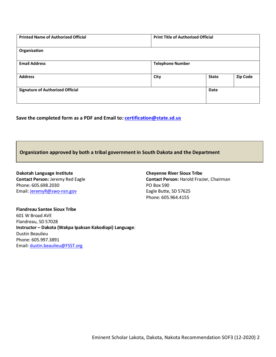 Form SOF3 Eminent Scholar Lakota, Dakota, Nakota Language and Culture Recommendation for Certification - South Dakota, Page 2