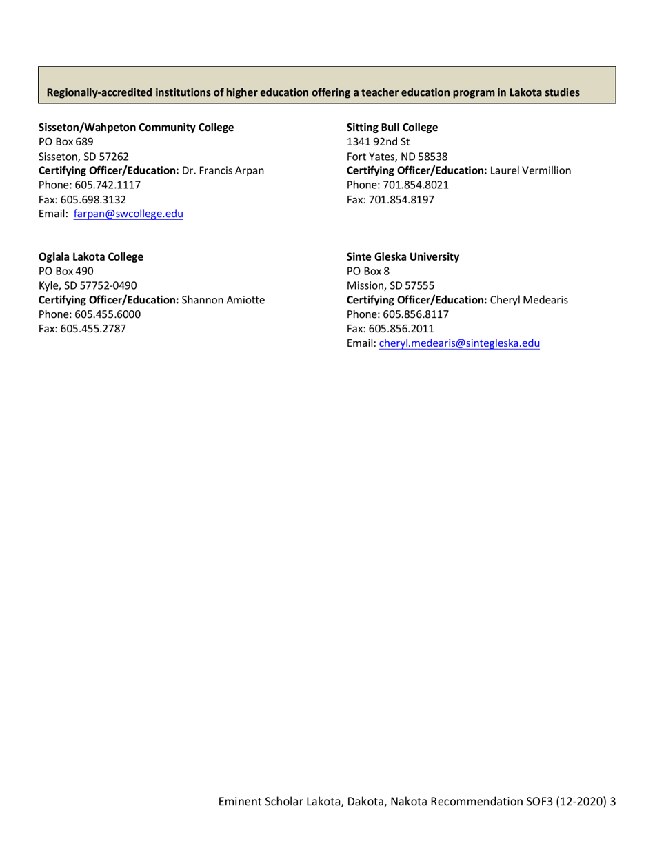 Form SOF3 Eminent Scholar Lakota, Dakota, Nakota Language and Culture Recommendation for Certification - South Dakota, Page 3