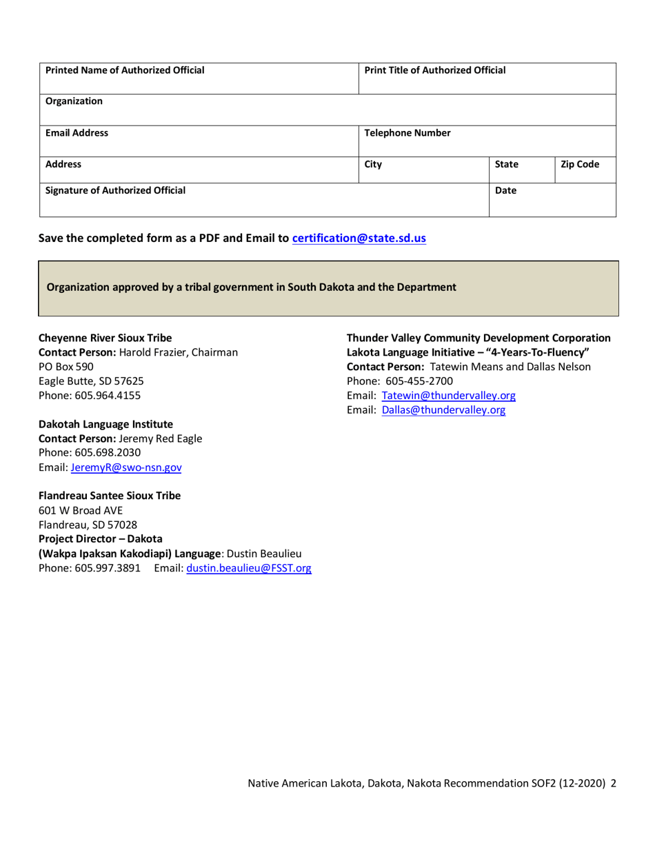 Form SOF2 Native American Lakota, Dakota, Nakota Recommendation for Certification - South Dakota, Page 2