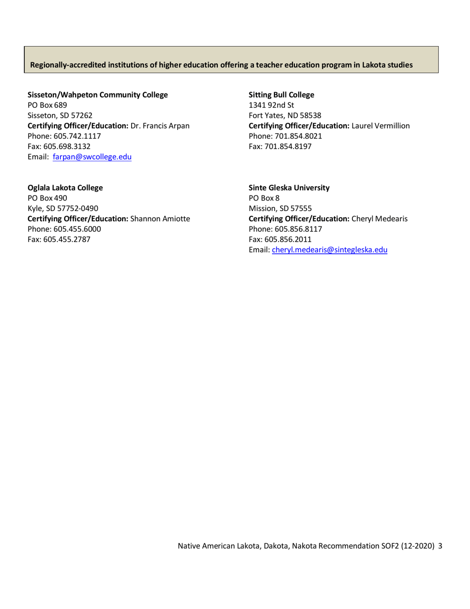 Form SOF2 Native American Lakota, Dakota, Nakota Recommendation for Certification - South Dakota, Page 3