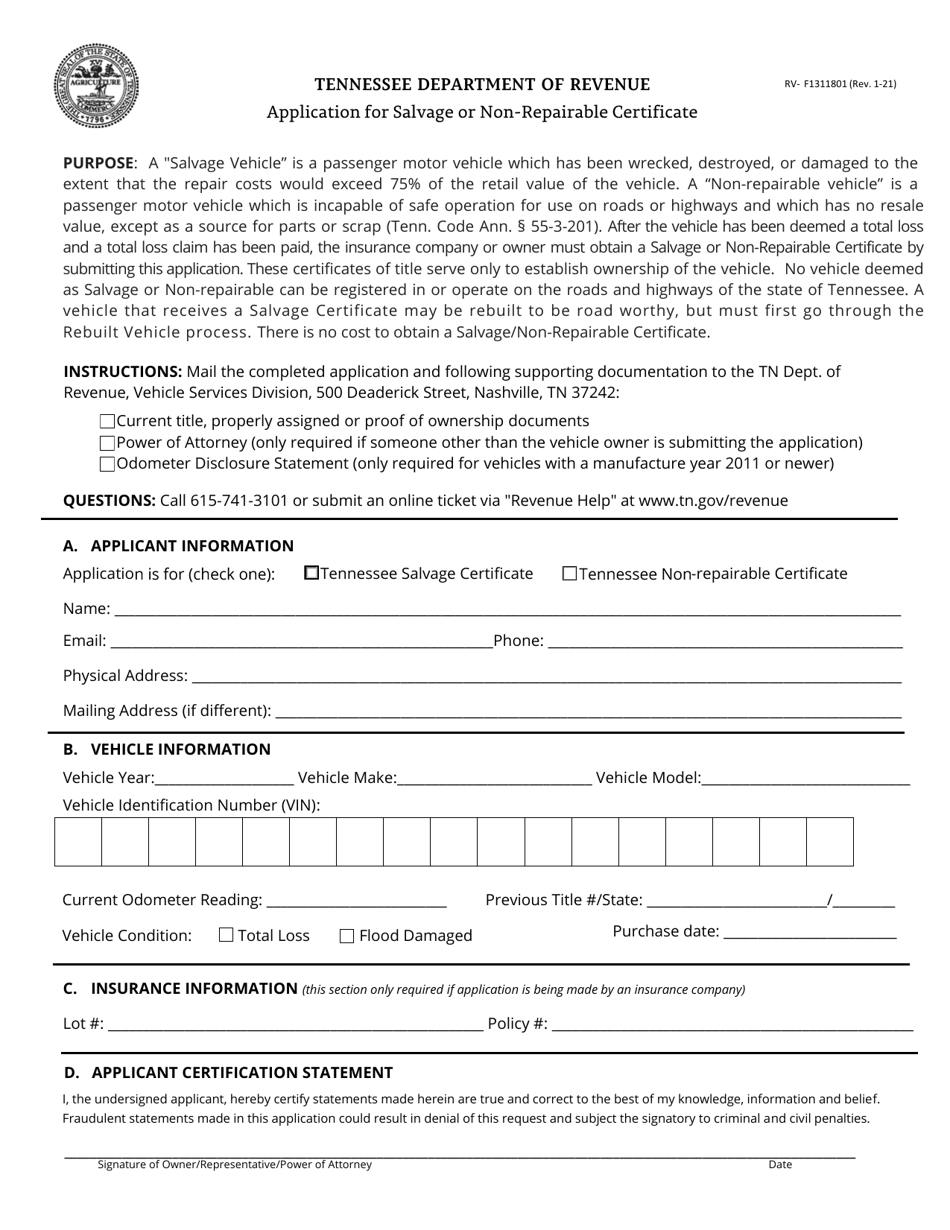 Form RV-F1311801 Application for Salvage or Non-repairable Certificate - Tennessee, Page 1