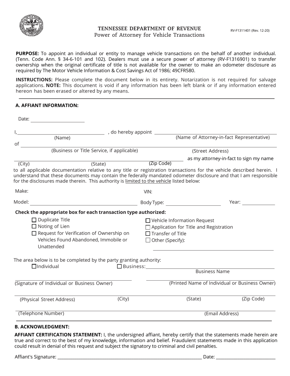 Form RV-F1311401 Power of Attorney for Vehicle Transactions - Tennessee, Page 1