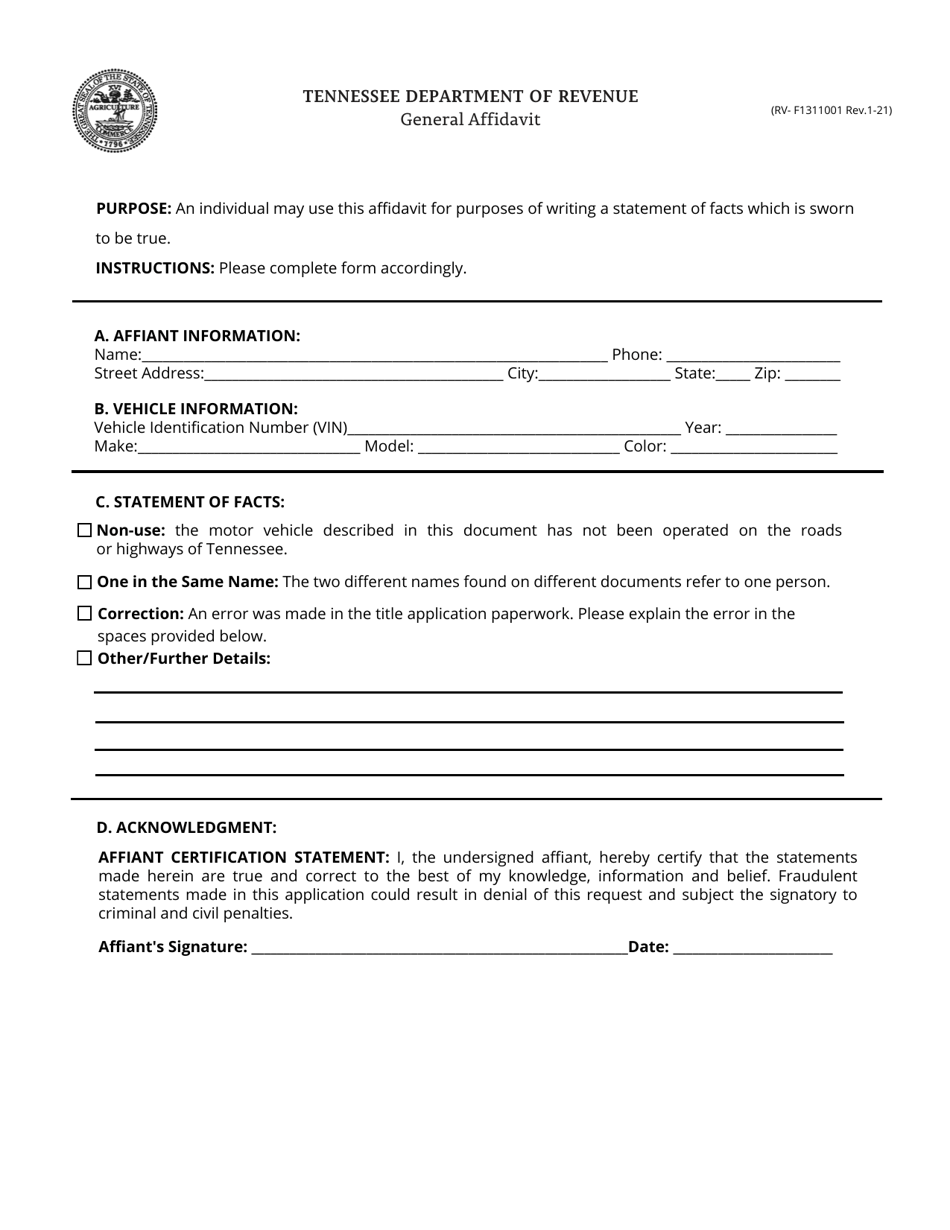 Form RV-F1311001 General Affidavit - Tennessee, Page 1