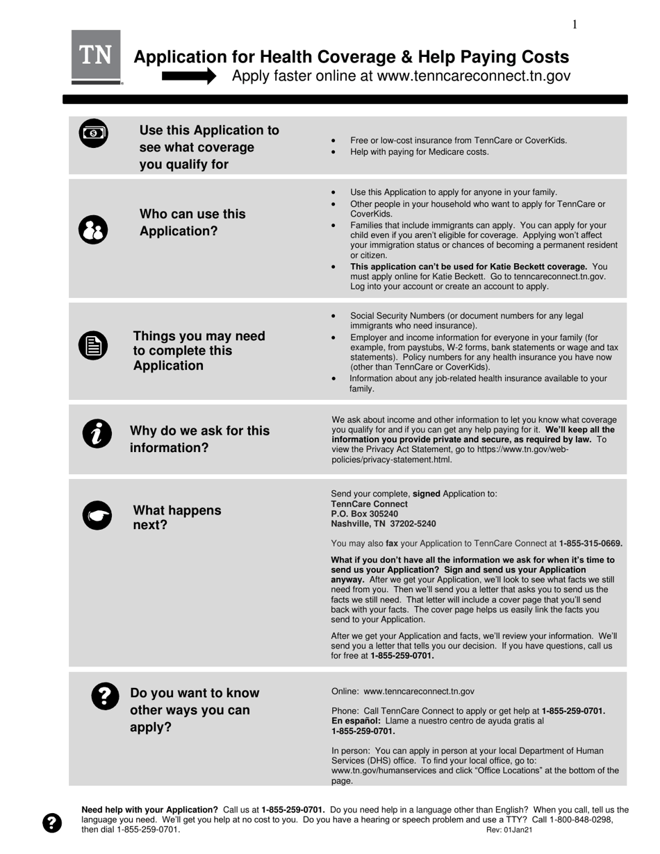 Application for Health Coverage  Help Paying Costs - Tennessee, Page 1