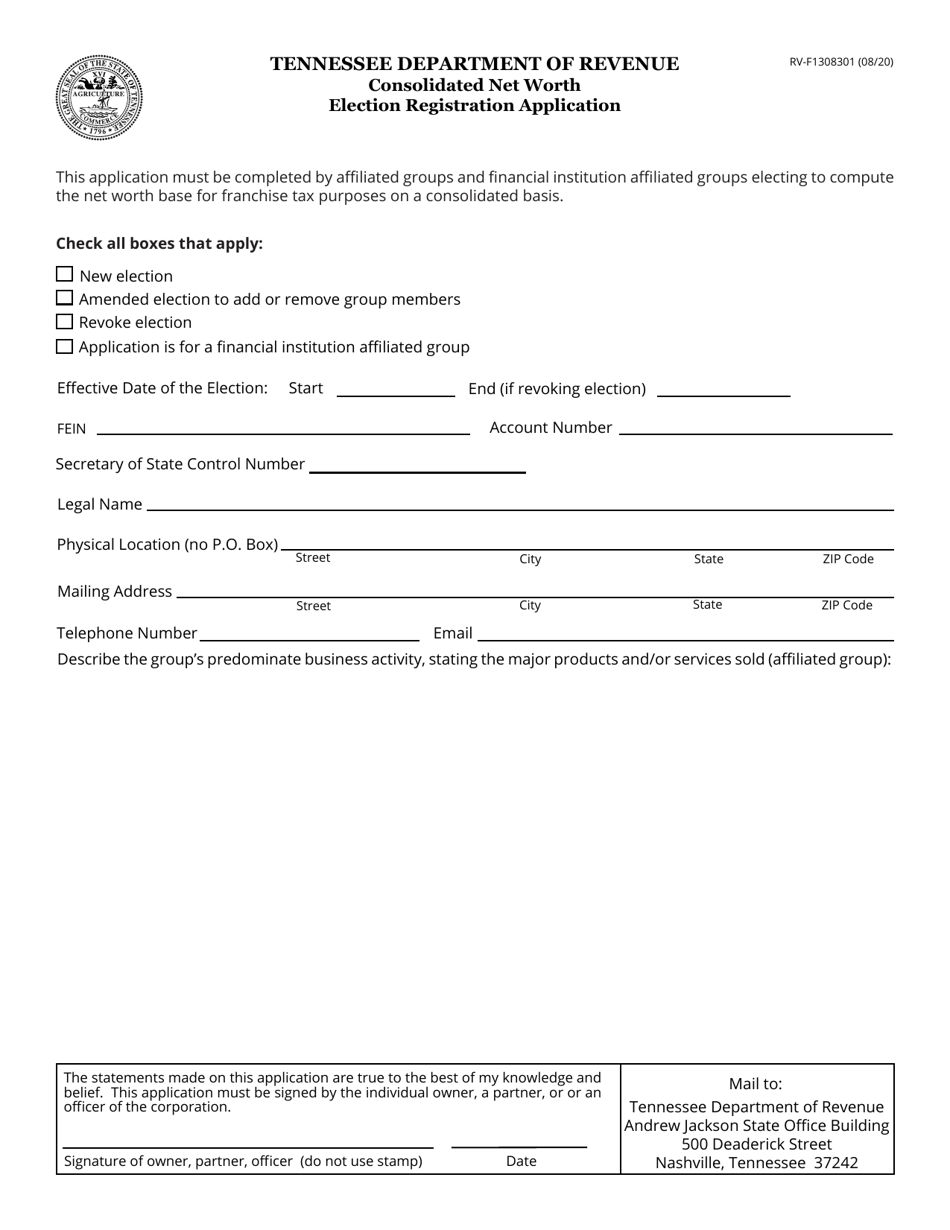 Form RV-F1308301 Consolidated Net Worth Election Registration Application - Tennessee, Page 1