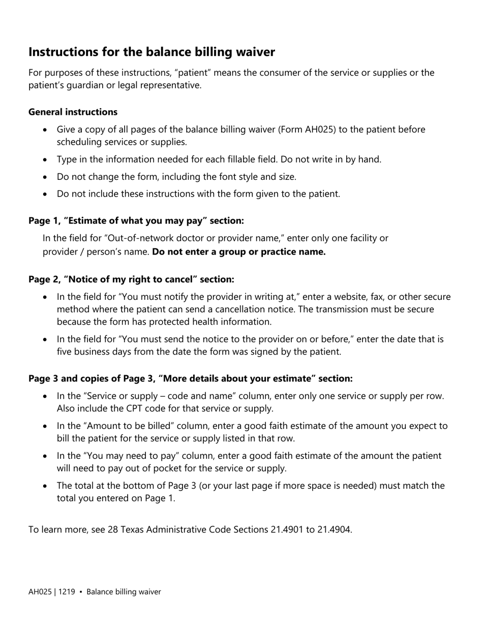 Form AH025 Balance Billing Waiver - Texas, Page 1