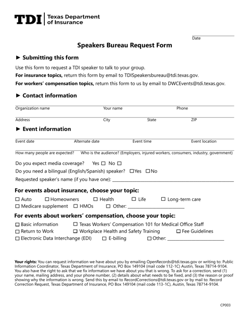 Form CP003 Speakers Bureau Request Form - Texas