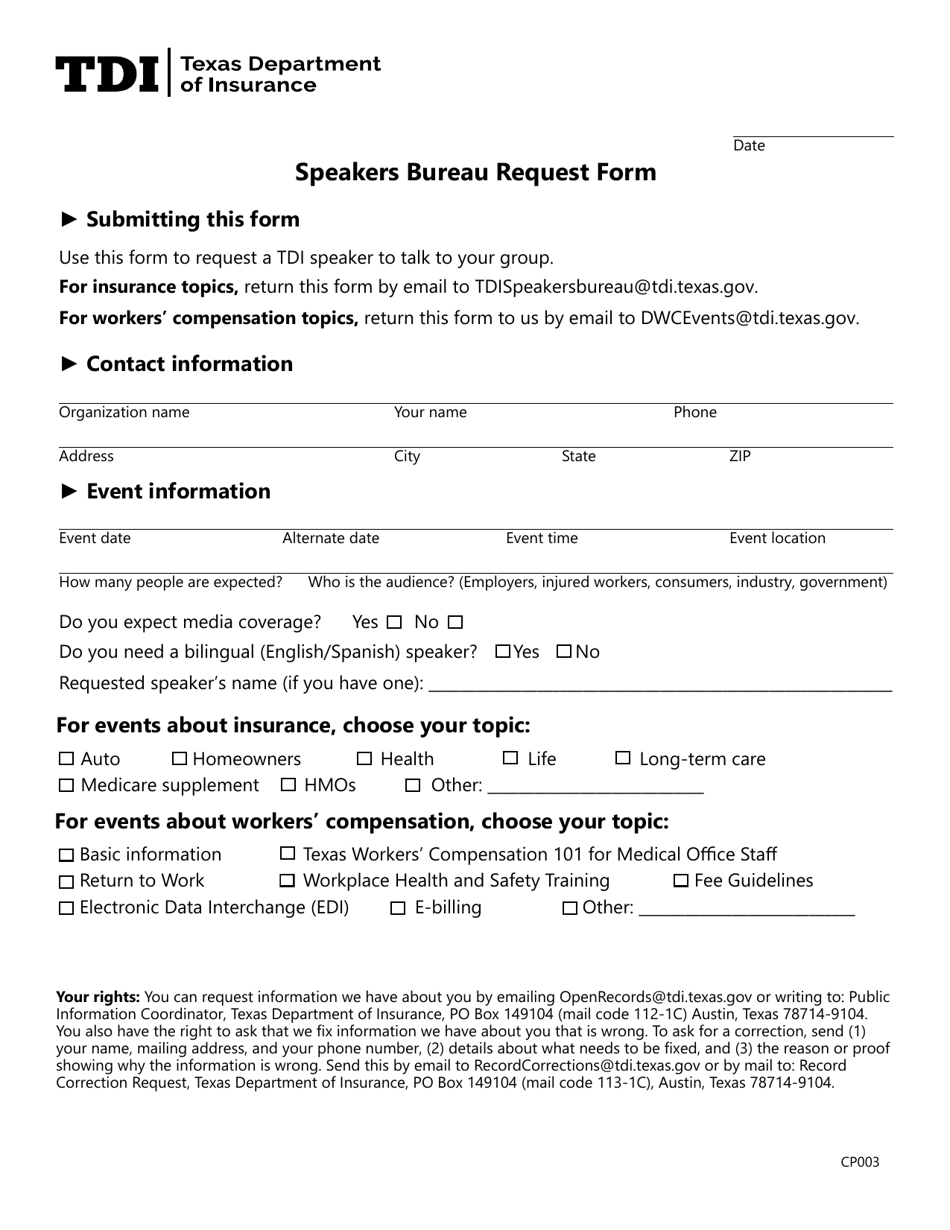 Form CP003 Speakers Bureau Request Form - Texas, Page 1